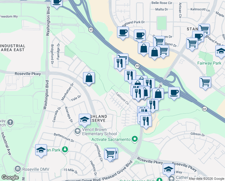 map of restaurants, bars, coffee shops, grocery stores, and more near 163 Talmont Circle in Roseville