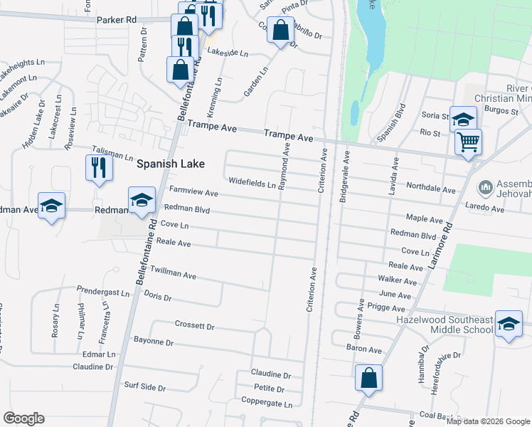map of restaurants, bars, coffee shops, grocery stores, and more near 1409 Redman Boulevard in St. Louis