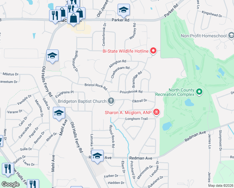 map of restaurants, bars, coffee shops, grocery stores, and more near 5162 Priorybrook Road in Florissant