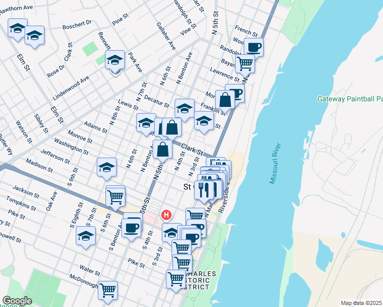 map of restaurants, bars, coffee shops, grocery stores, and more near 412 North 4th Street in Saint Charles