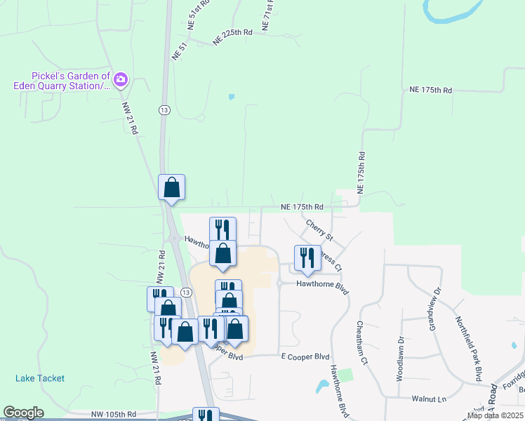 map of restaurants, bars, coffee shops, grocery stores, and more near Basswood Street in Warrensburg