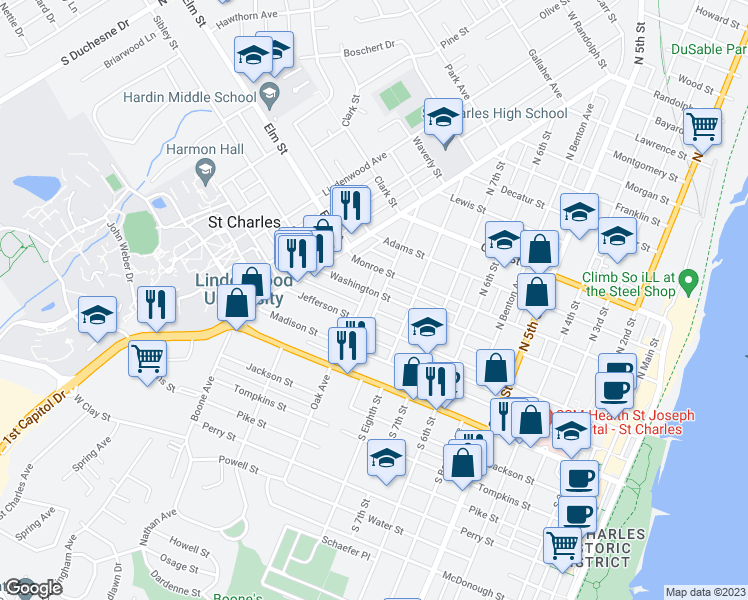 map of restaurants, bars, coffee shops, grocery stores, and more near 123 North 9th Street in Saint Charles