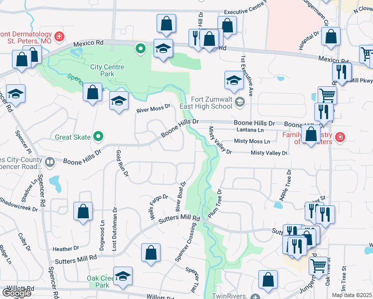 map of restaurants, bars, coffee shops, grocery stores, and more near 127 Misty View Lane in Saint Peters