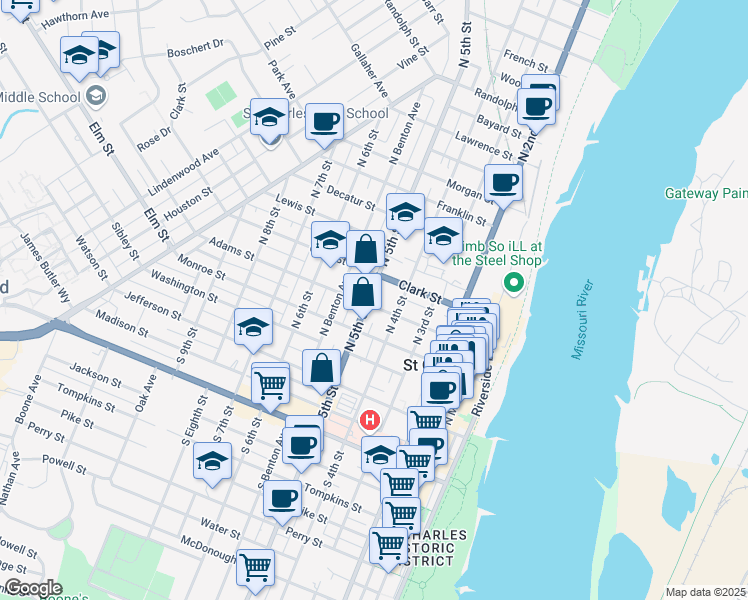 map of restaurants, bars, coffee shops, grocery stores, and more near 400 North 5th Street in Saint Charles