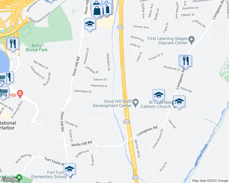 map of restaurants, bars, coffee shops, grocery stores, and more near 533 Wilson Bridge Drive in Oxon Hill