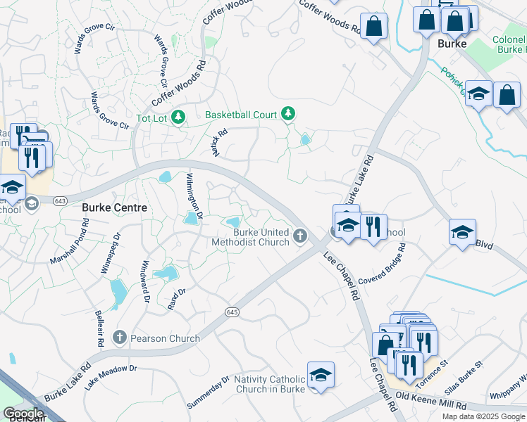 map of restaurants, bars, coffee shops, grocery stores, and more near 9812 Burke Pond Lane in Burke