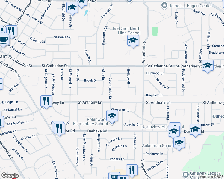 map of restaurants, bars, coffee shops, grocery stores, and more near 360 Countryside Drive in Florissant