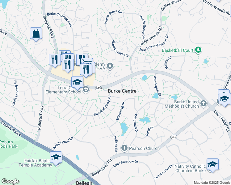 map of restaurants, bars, coffee shops, grocery stores, and more near 10006 Beacon Pond Lane in Burke