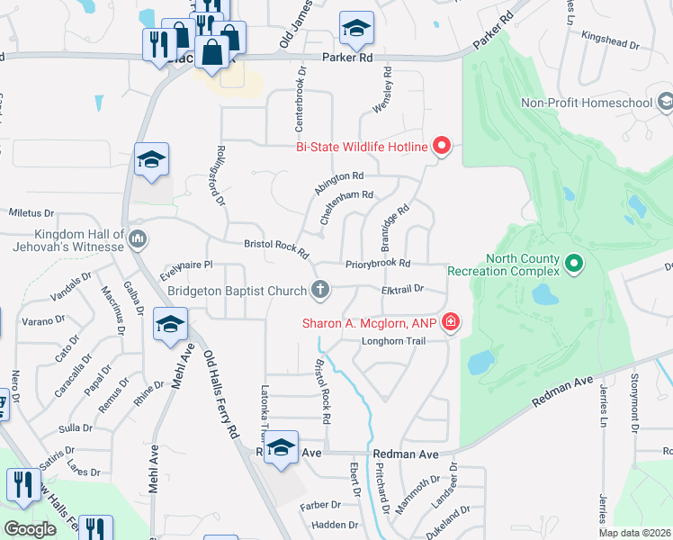map of restaurants, bars, coffee shops, grocery stores, and more near 5162 Priorybrook Road in Florissant