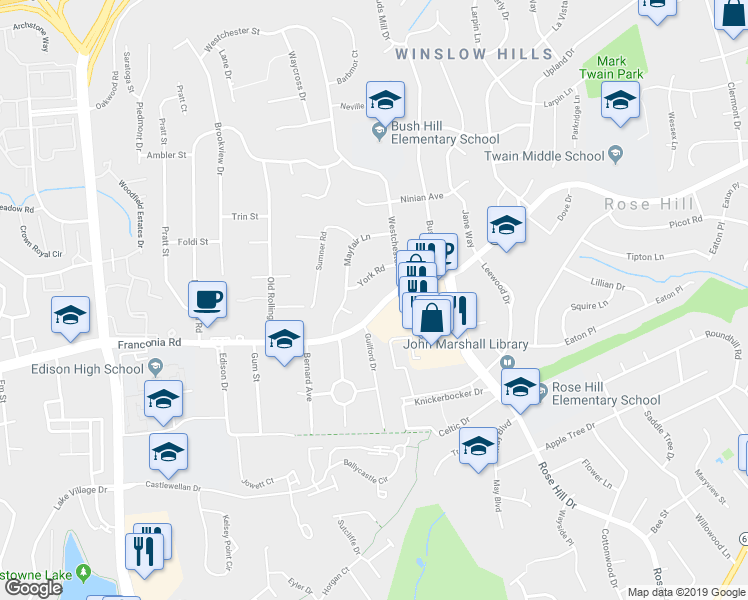 map of restaurants, bars, coffee shops, grocery stores, and more near 5216 Franconia Road in Alexandria