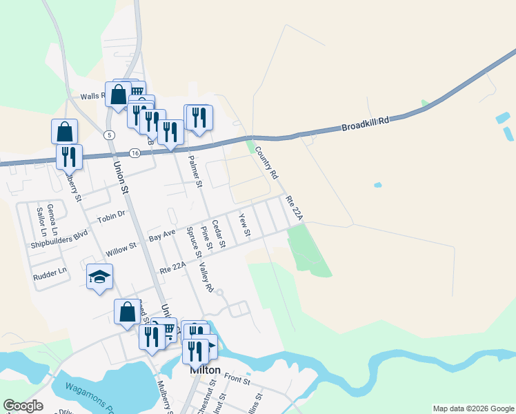 map of restaurants, bars, coffee shops, grocery stores, and more near 118 Carriage Drive in Milton