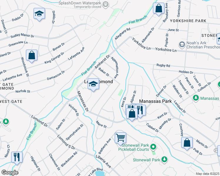 map of restaurants, bars, coffee shops, grocery stores, and more near 7809 Appomattox Avenue in Manassas
