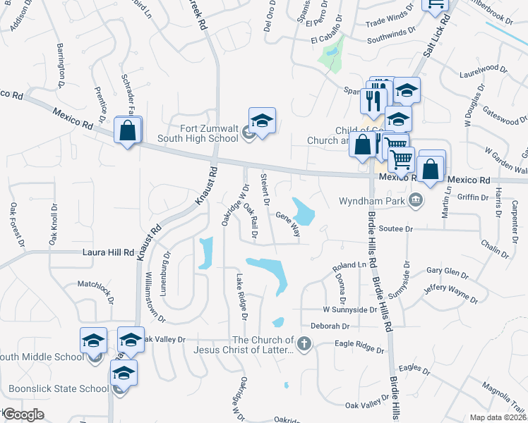 map of restaurants, bars, coffee shops, grocery stores, and more near 18 Steiert Drive in St. Peters