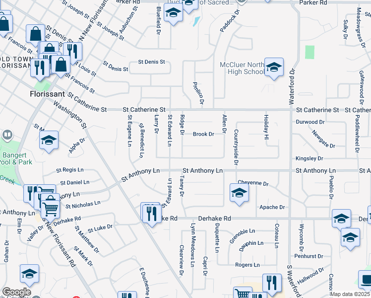 map of restaurants, bars, coffee shops, grocery stores, and more near 24 Country Ln in Florissant