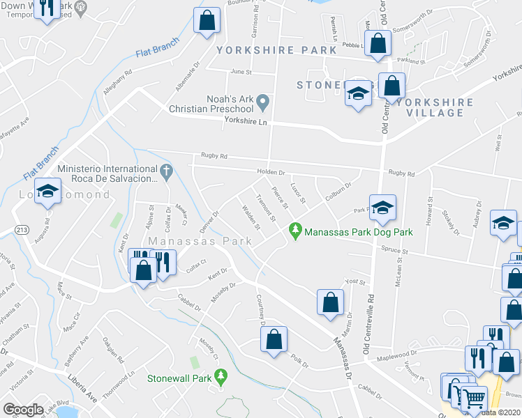map of restaurants, bars, coffee shops, grocery stores, and more near 115 Tremont Street in Manassas Park