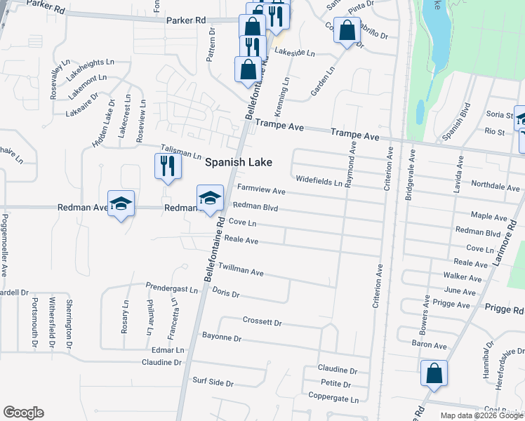 map of restaurants, bars, coffee shops, grocery stores, and more near 1526 Redman Boulevard in St. Louis