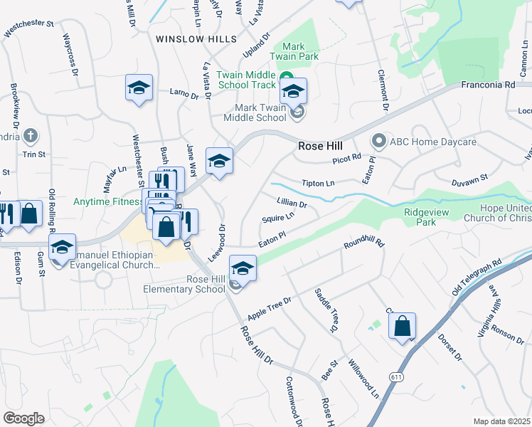 map of restaurants, bars, coffee shops, grocery stores, and more near 6116 Squire Lane in Alexandria