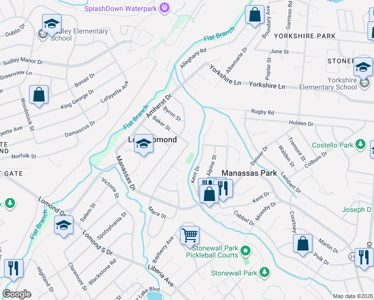 map of restaurants, bars, coffee shops, grocery stores, and more near 144 Baker Street in Manassas Park