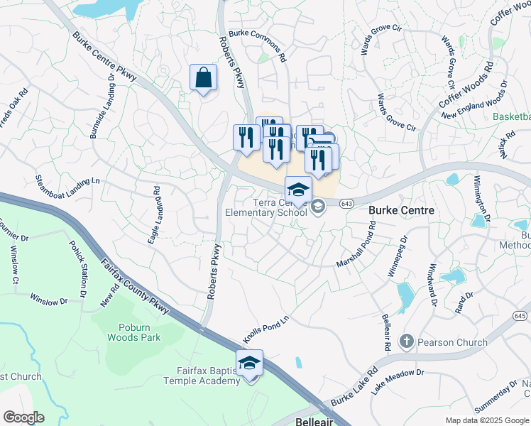 map of restaurants, bars, coffee shops, grocery stores, and more near 10211 Heron Pond Terrace in Burke