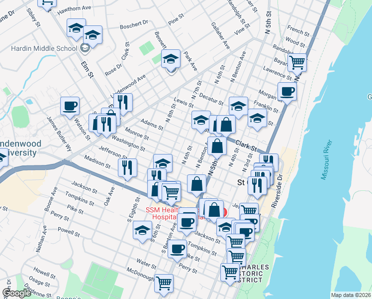 map of restaurants, bars, coffee shops, grocery stores, and more near 309 North 6th Street in Saint Charles