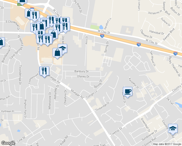 map of restaurants, bars, coffee shops, grocery stores, and more near 3723 Banbury Drive in Saint Charles