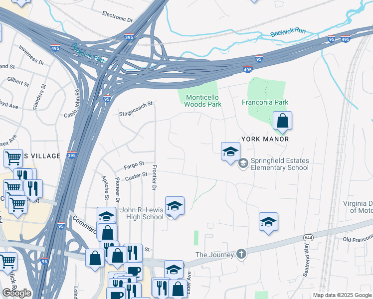 map of restaurants, bars, coffee shops, grocery stores, and more near 6119 Rivanna Drive in Springfield