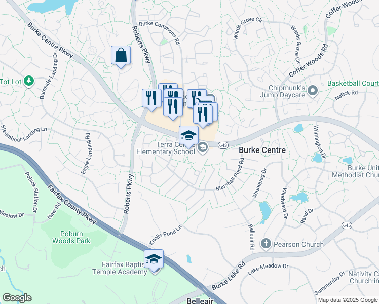 map of restaurants, bars, coffee shops, grocery stores, and more near 6000 Burke Centre Parkway in Burke