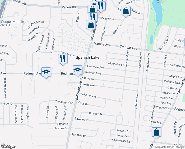 map of restaurants, bars, coffee shops, grocery stores, and more near 1526 Redman Boulevard in St. Louis