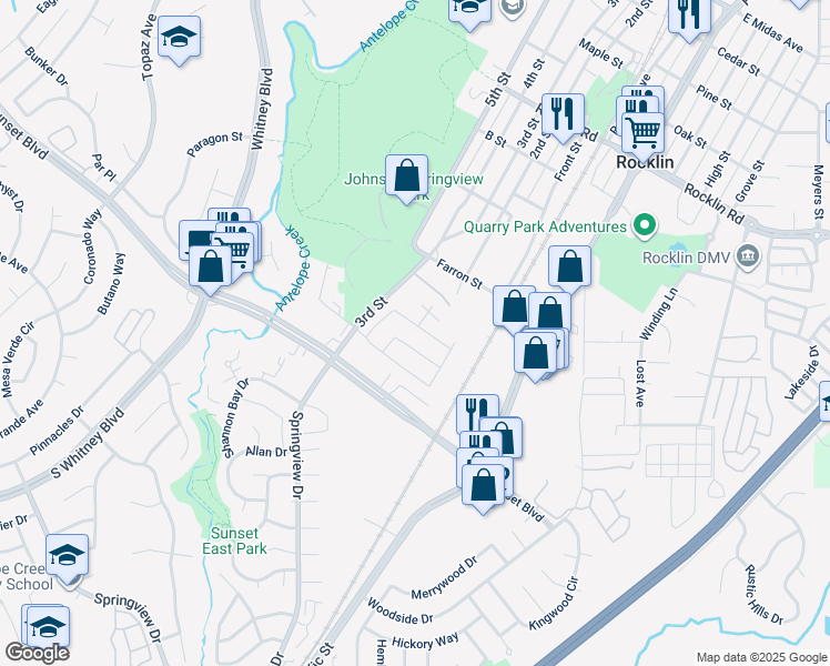 map of restaurants, bars, coffee shops, grocery stores, and more near 5630 Bolton Way in Rocklin