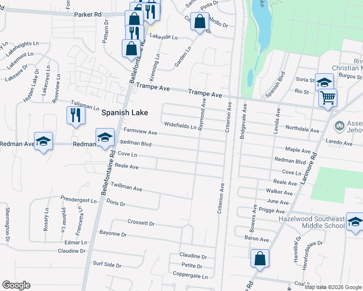 map of restaurants, bars, coffee shops, grocery stores, and more near 1425 Redman Boulevard in St. Louis