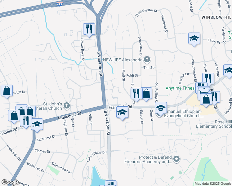 map of restaurants, bars, coffee shops, grocery stores, and more near 6114 Talavera Court in Alexandria
