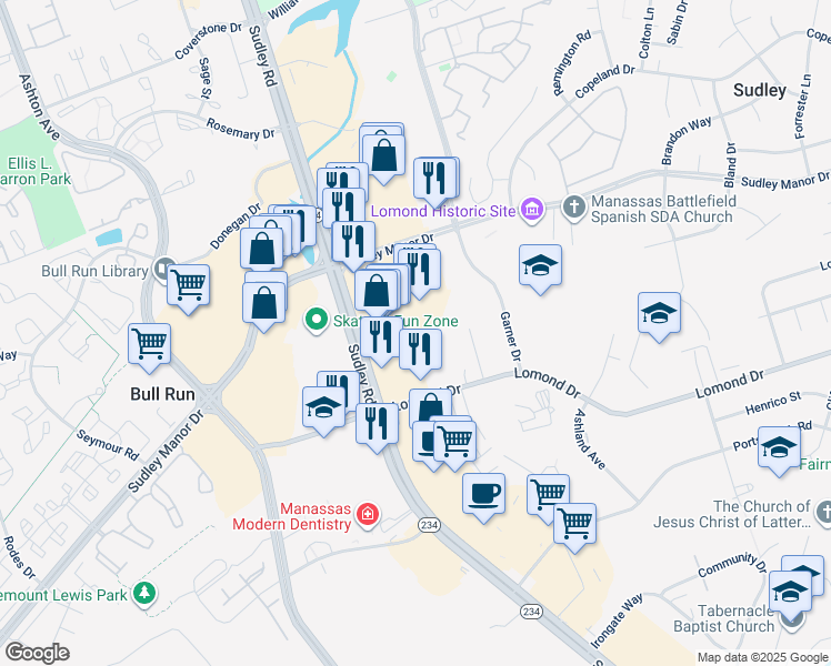 map of restaurants, bars, coffee shops, grocery stores, and more near 7882 Brighton Way in Manassas