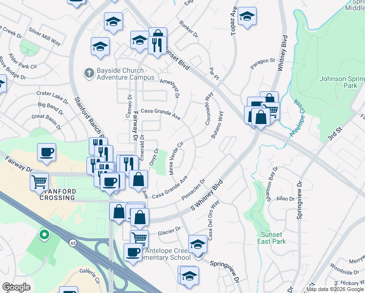 map of restaurants, bars, coffee shops, grocery stores, and more near 5693 Mesa Verde Circle in Rocklin