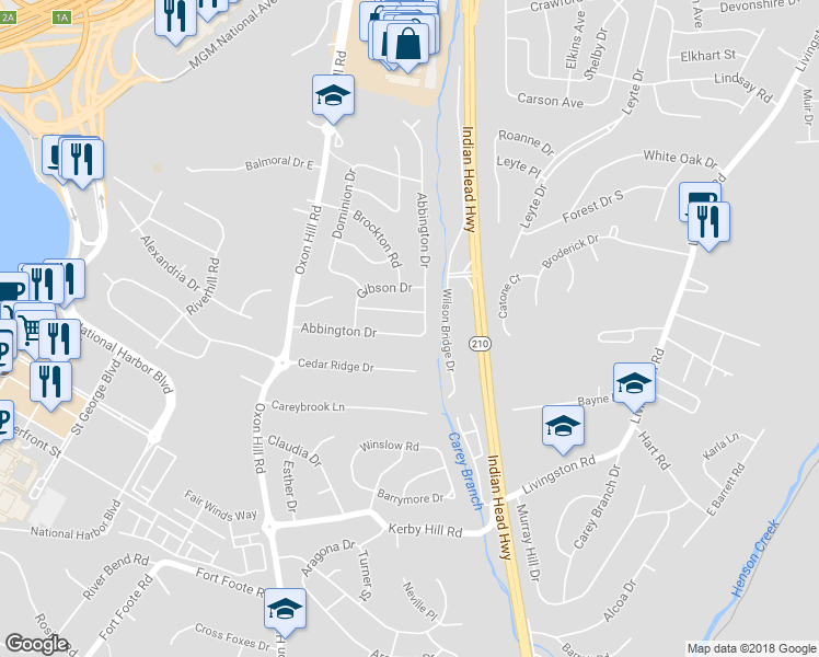 map of restaurants, bars, coffee shops, grocery stores, and more near 7523 Abbington Drive in Oxon Hill