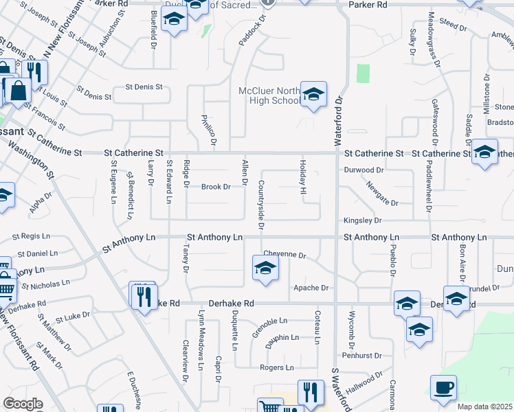 map of restaurants, bars, coffee shops, grocery stores, and more near 365 Countryside Drive in Florissant