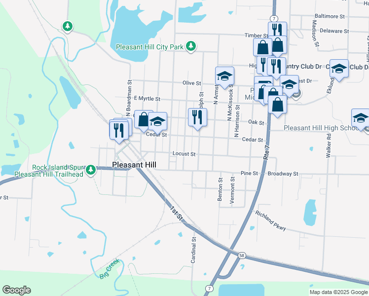 map of restaurants, bars, coffee shops, grocery stores, and more near 118 South Jeffreys Street in Pleasant Hill