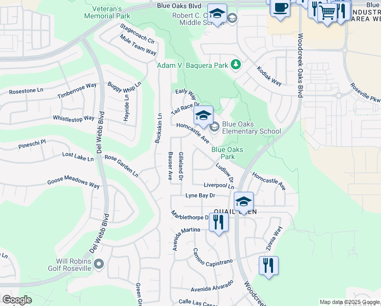 map of restaurants, bars, coffee shops, grocery stores, and more near 7293 Liverpool Lane in Roseville