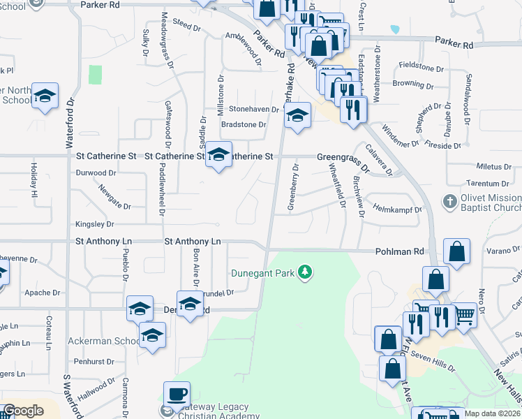 map of restaurants, bars, coffee shops, grocery stores, and more near 2368 Birch Hill Drive in Florissant