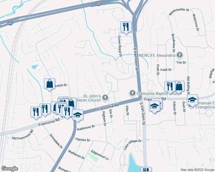 map of restaurants, bars, coffee shops, grocery stores, and more near 6026 Buttercup Court in Alexandria