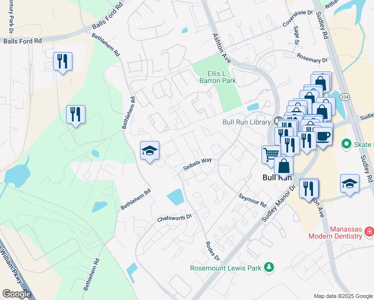 map of restaurants, bars, coffee shops, grocery stores, and more near 7801 Flager Circle in Manassas