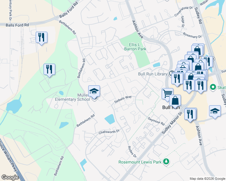 map of restaurants, bars, coffee shops, grocery stores, and more near 7933 Rebel Walk Drive in Manassas