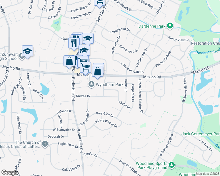 map of restaurants, bars, coffee shops, grocery stores, and more near 35 Chalin Drive in St. Peters