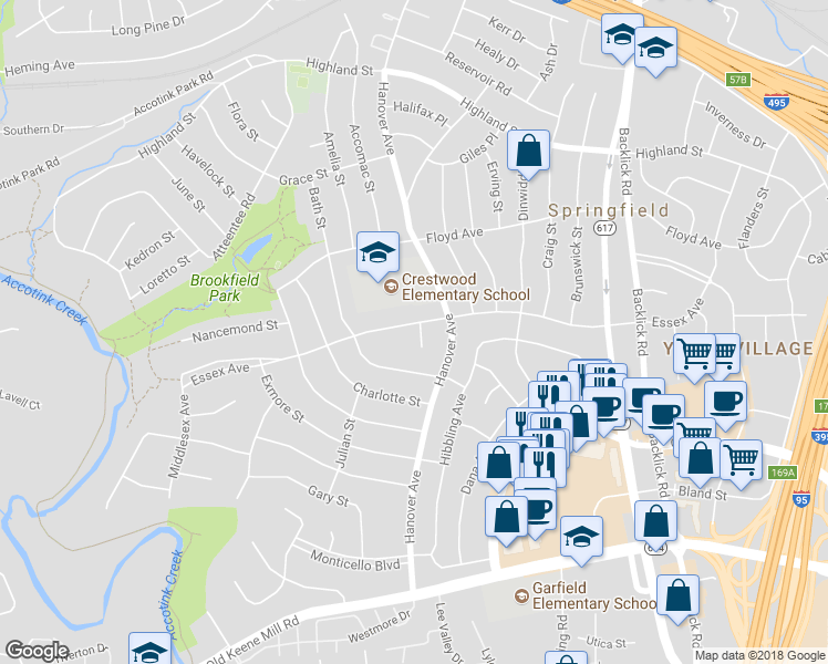 map of restaurants, bars, coffee shops, grocery stores, and more near 6100 Ashley Pl in Springfield