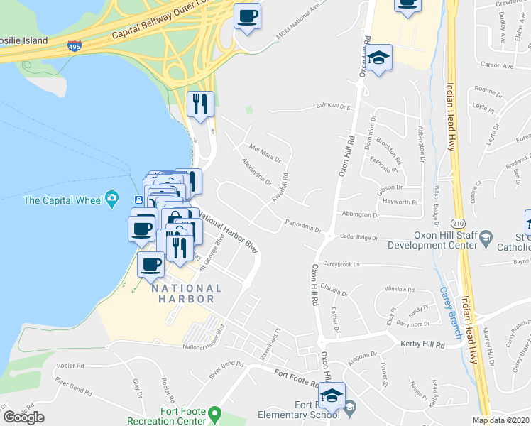 map of restaurants, bars, coffee shops, grocery stores, and more near 28 Panorama Drive in Oxon Hill