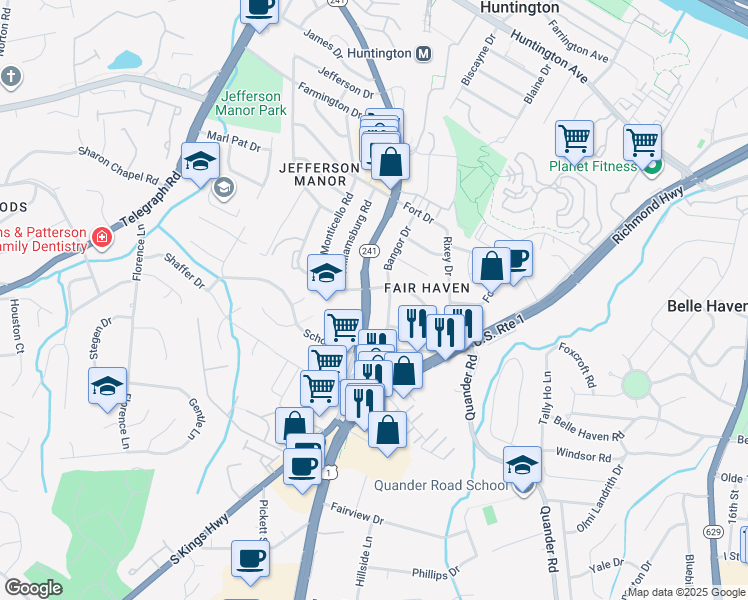 map of restaurants, bars, coffee shops, grocery stores, and more near 6103 North Kings Highway in Alexandria