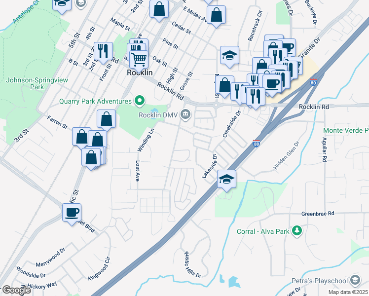 map of restaurants, bars, coffee shops, grocery stores, and more near 5415 South Grove Street in Rocklin