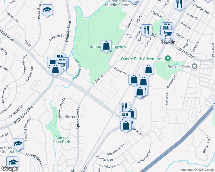 map of restaurants, bars, coffee shops, grocery stores, and more near 5613 Delano Way in Rocklin