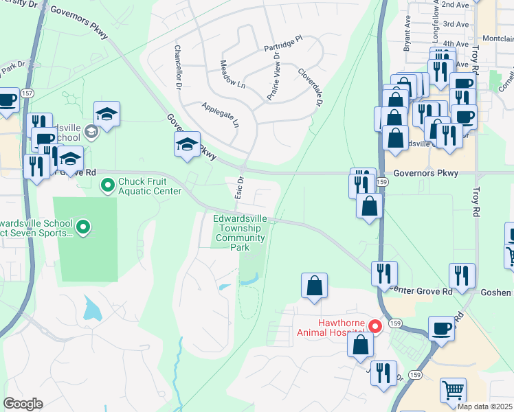 map of restaurants, bars, coffee shops, grocery stores, and more near 118 Homestead Court in Edwardsville