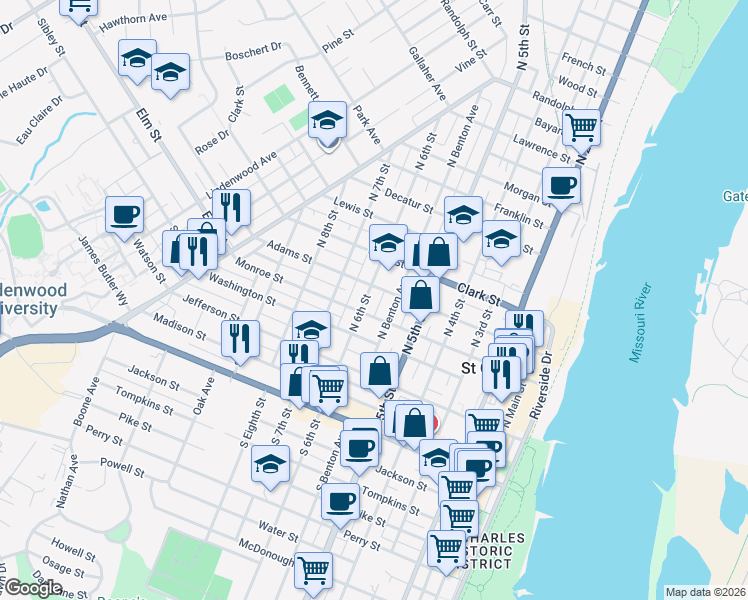 map of restaurants, bars, coffee shops, grocery stores, and more near 309 North 6th Street in Saint Charles