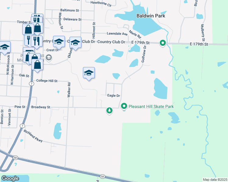 map of restaurants, bars, coffee shops, grocery stores, and more near 205 Birdie Drive in Pleasant Hill